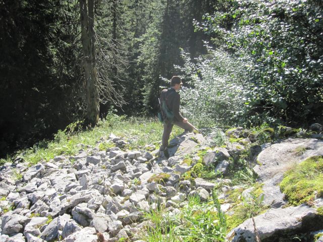 Traversing the slopes.  I really wrenched my left knee on some wet grass and rocks.  The slopes are high-angle, and the grass is slippery.  I never thought I would want to walk over rocks instead of grass, but at least you got traction.