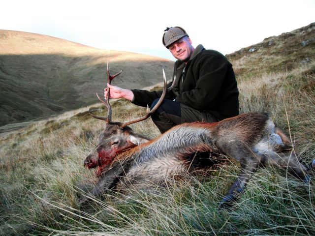 Creeping down the hill, we came upon a huge herd with many good stags.  I had a great 12 pointer in the crosshairs, when Peter calls out 