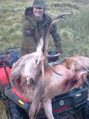 Cliff with my stag on the quad bike.  He's off to fetch Dieter's stag further back in the valley now.