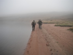Walking along the loch in the fog